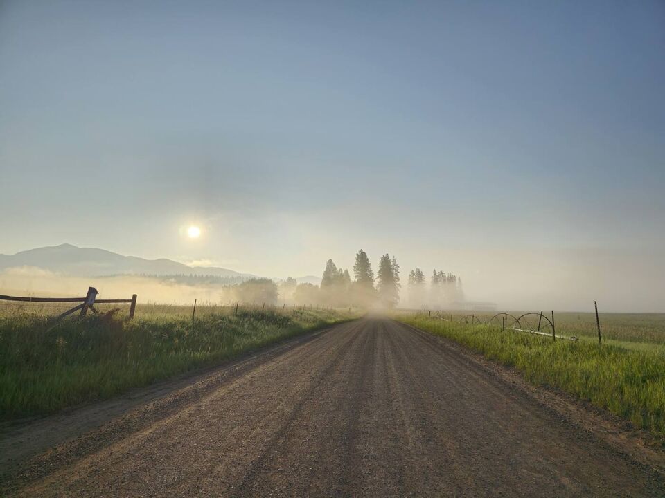 A gravel road through fog at sunrise
